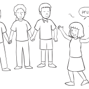 Group of people with eyes shut playing fun group blindfold game called Pruie?