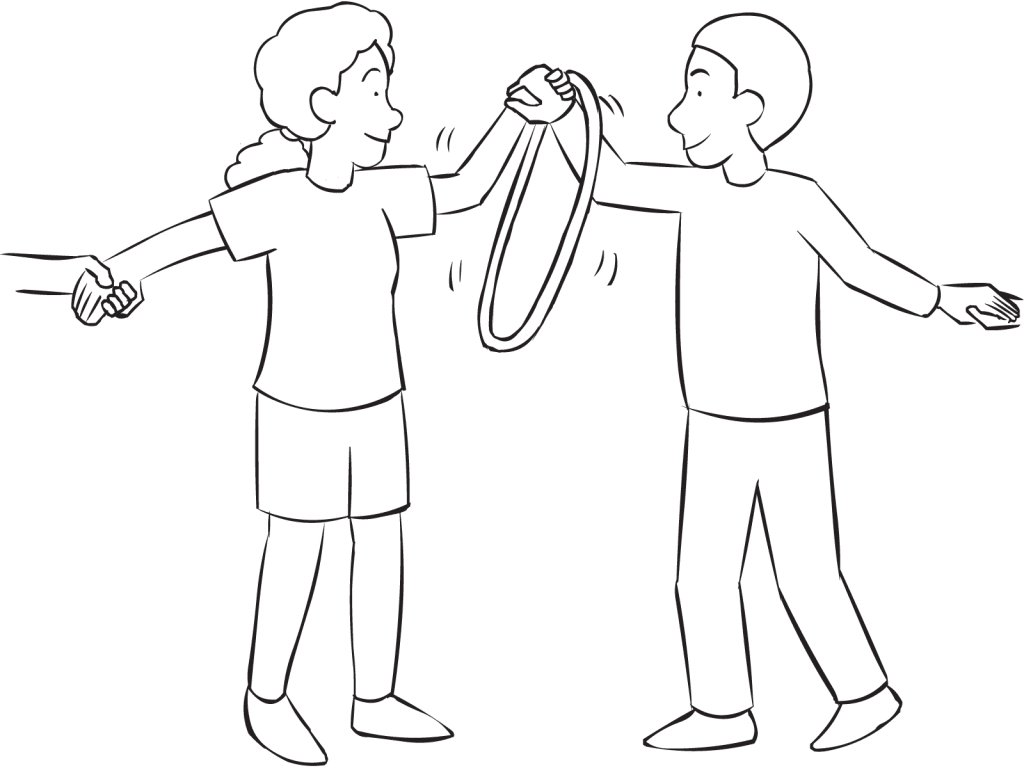Two people holding hands and passing a hula hoop as seen in fun group initiative called Circle The Circle