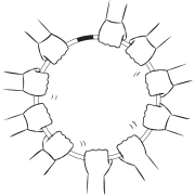Overhead view of group of hands holding onto a hula hoop using Hula Hoop Debrief structured reflection activity