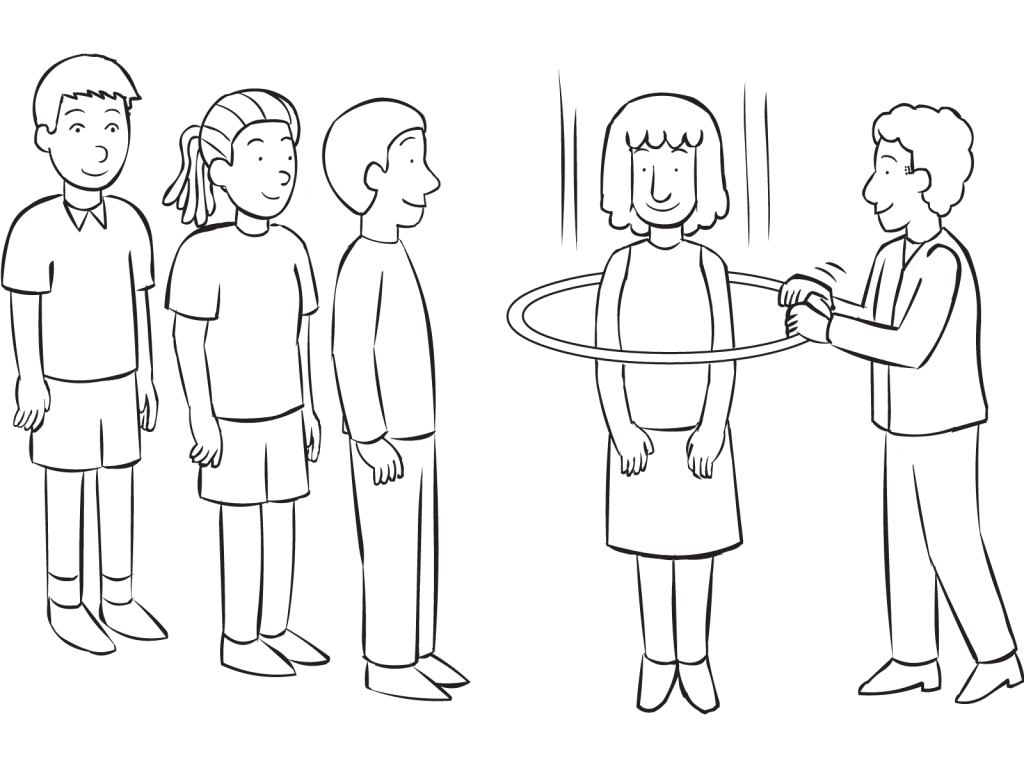 Man passing hula hoop over every person in small group, as seen in continuous improvement exercise Through The Wringer