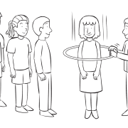 Man passing hula hoop over every person in small group, as seen in continuous improvement exercise Through The Wringer