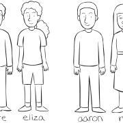 Two sets of pairs standing together, as part of playing simple team-building game Name Train