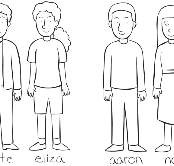 Two sets of pairs standing together, as part of playing simple team-building game Name Train