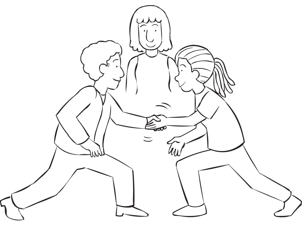 Two people step forward on one leg to shake hands, as part of interactive icebreaker game Stationary Handshakes