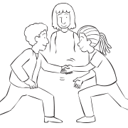 Two people step forward on one leg to shake hands, as part of interactive icebreaker game Stationary Handshakes