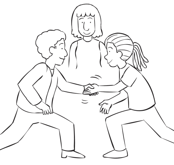 Two people step forward on one leg to shake hands, as part of interactive icebreaker game Stationary Handshakes