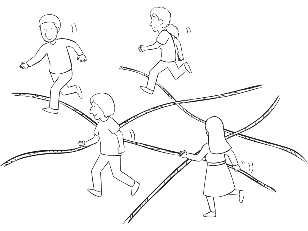 Group of people traversing an area of ropes laying on the ground, in fun problem-solving activity called Watch Your Step