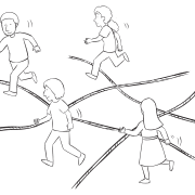 Group of people traversing an area of ropes laying on the ground, in fun problem-solving activity called Watch Your Step
