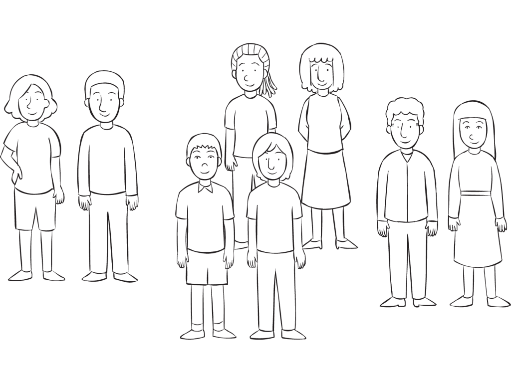 Several groups of pairs separated from one another, as the result of using a fun Getting Into Pairs fun partner-matching strategies