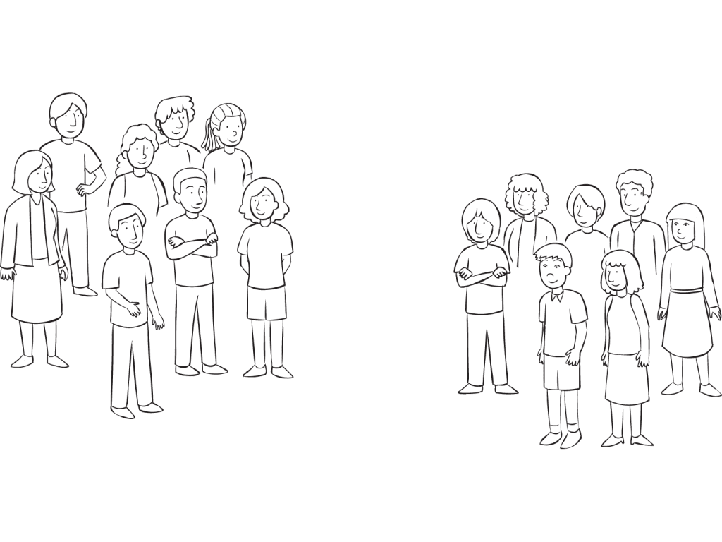 Two groups of people standing a distance apart, as the result of using fun team-formation strategies of Getting Into Teams