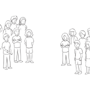 Two groups of people standing a distance apart, as the result of using a fun Getting Into Teams strategy