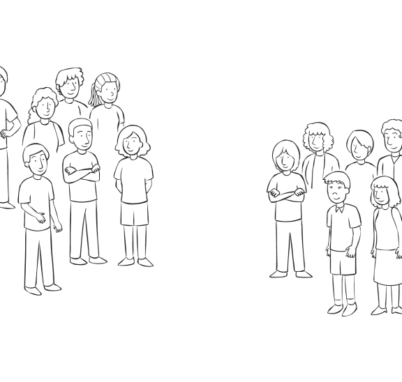 Two groups of people standing a distance apart, as the result of using fun team-formation strategies of Getting Into Teams