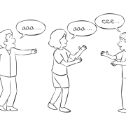 Three people singing the sound of their names in vocal energiser game Vowel Orchestra