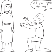 Man on knee proposing to a woman as they play hilarious circle game of If You Love Me Honey, Smile