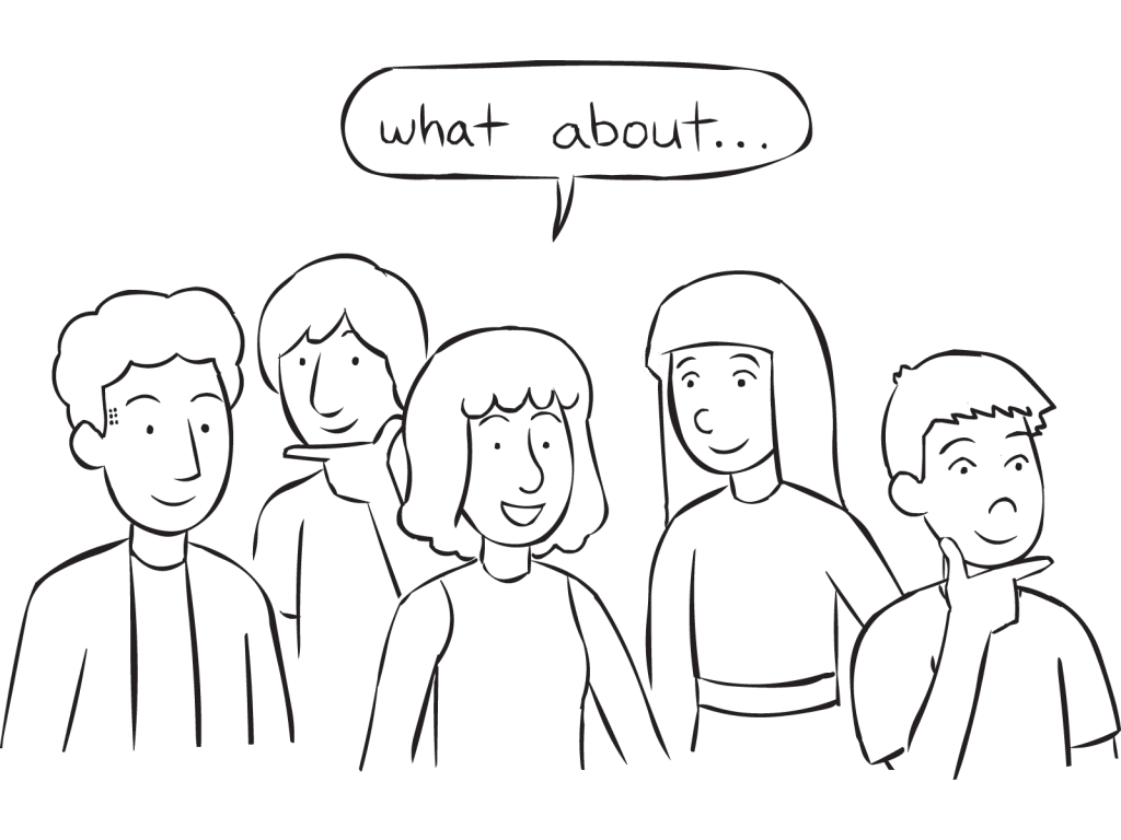 Group of people thinking about their response to the group reflection activity Memory Game Debrief