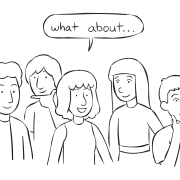 Group of people thinking about their response to the group reflection activity Memory Game Debrief