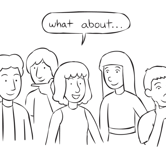 Group of people thinking about their response to the group reflection activity Memory Game Debrief