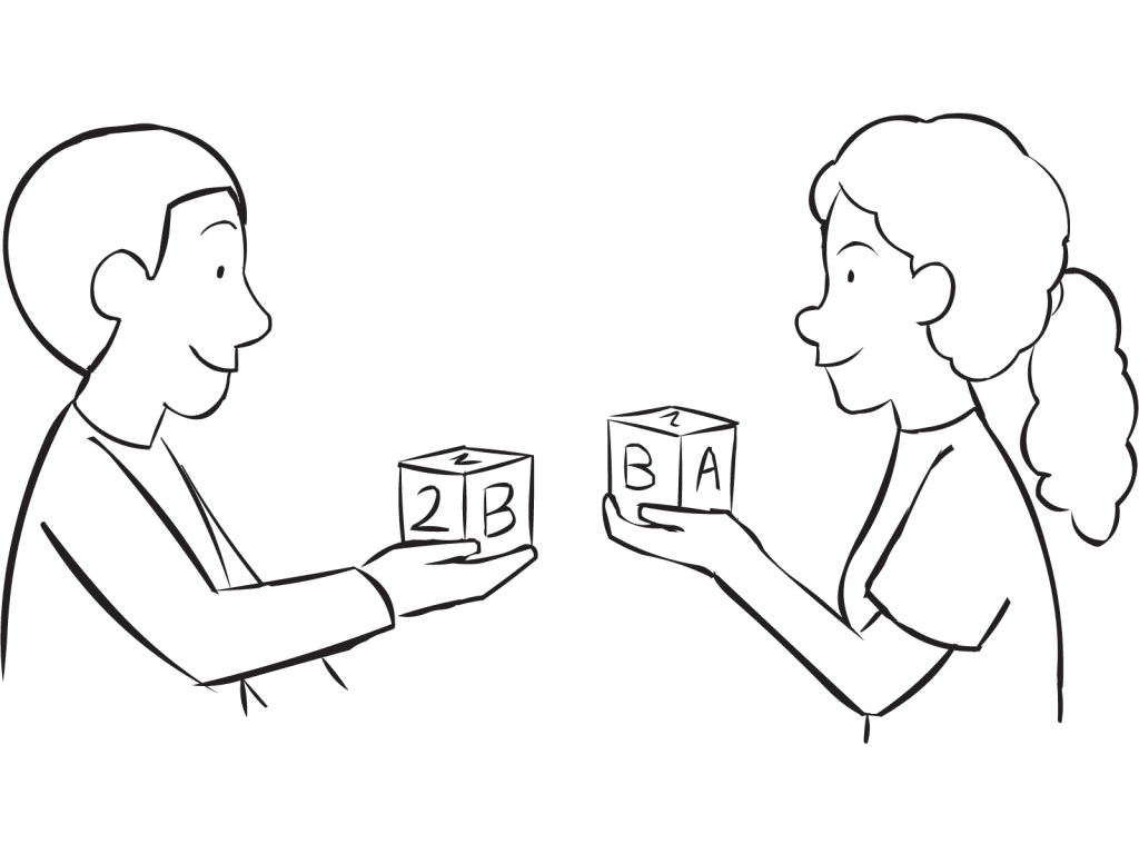 Two people showing a wooden block they are holding and sharing as part of interactive icebreaker game Mingle and Match
