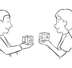 Two people showing a wooden block they are holding and sharing as part of fun ice-breaker called Mingle and Match