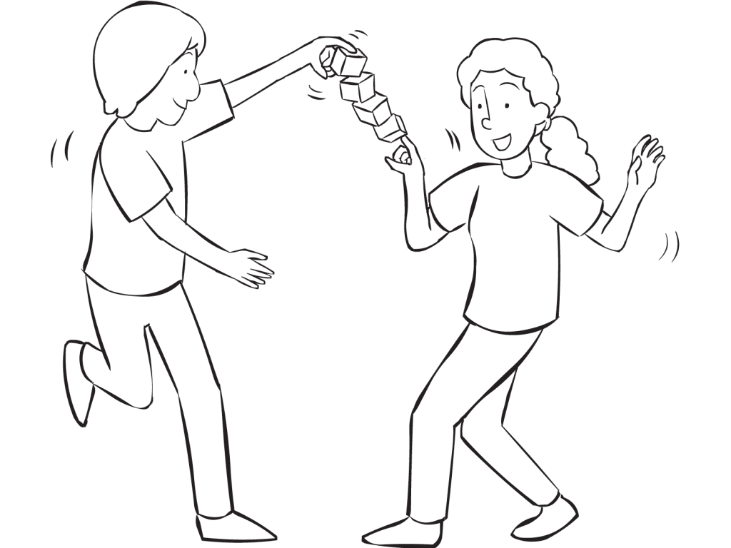 Two people holding set of wooden blocks between their hands moving to fun partner activity called Bust A Move