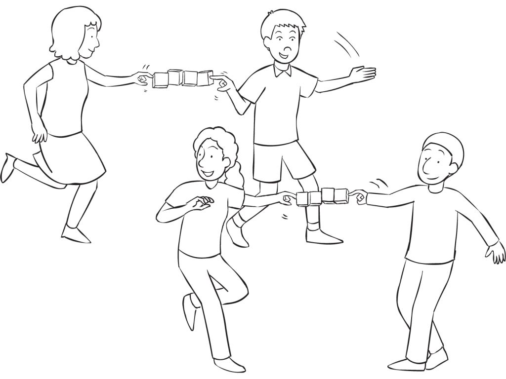 Partners holding a set of wooden blocks between their extended fingers playing the partner coordination game Don't Break The Ice