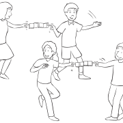 Partners holding a set of wooden blocks between their extended fingers playing the partner coordination game Don't Break The Ice