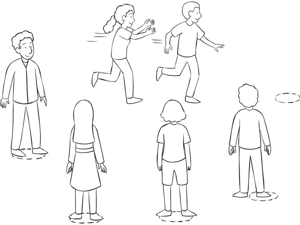 Group of people standing and running in a circle playing fun icebreaker game Have You Ever?