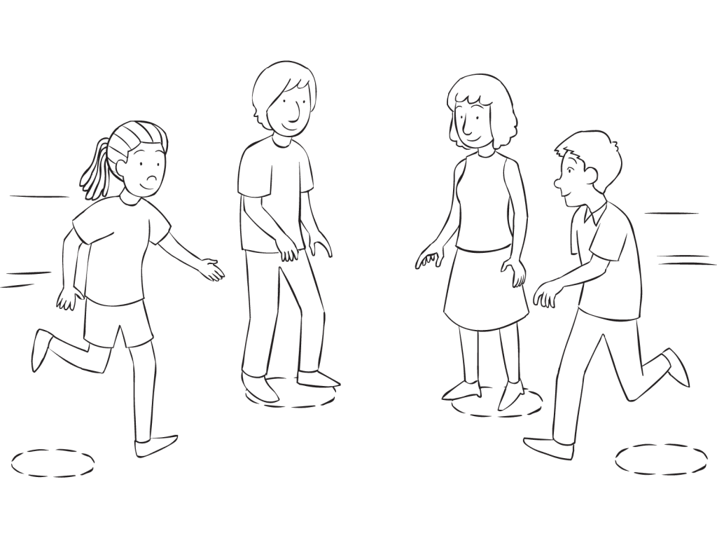 Group of people moving places in a circle, as seen in energetic circle game called Commitment