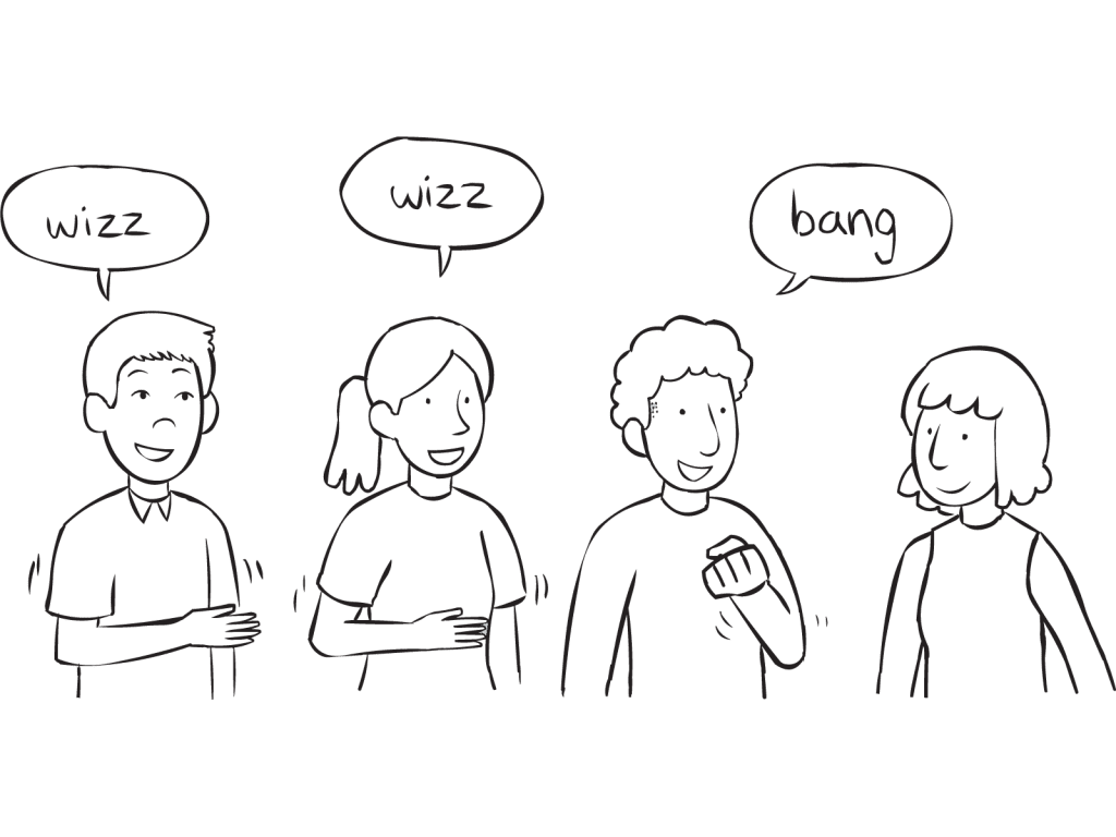 People passing a series of gestures around a circle, as seen in fast-paced circle game called Wizz Bang