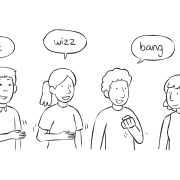 People passing a series of gestures around a circle, as seen in fast-paced circle game called Wizz Bang