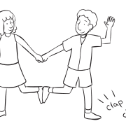 Two people working together to applause of audience, as featured in the large group game BF Skinner