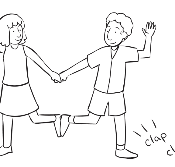 Two people working together to applause of audience, as featured in the large group game BF Skinner