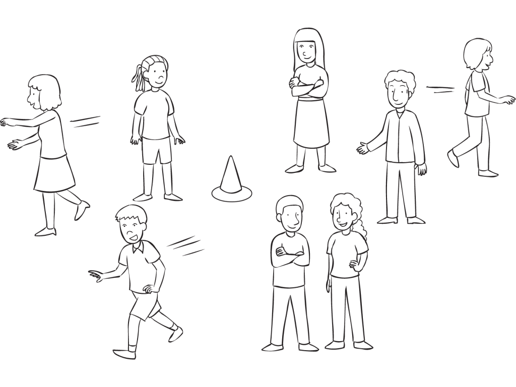 Group of people moving about an area while playing interactive icebreaker game Mapping