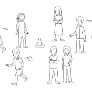 Group of people moving about an area while playing interactive icebreaker game Mapping