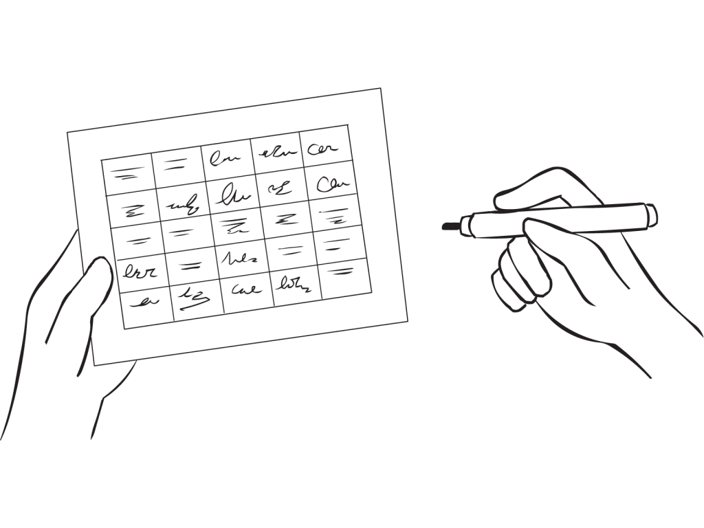 Person holding pen and sheet of paper as featured in simple icebreaker game Signature Bingo