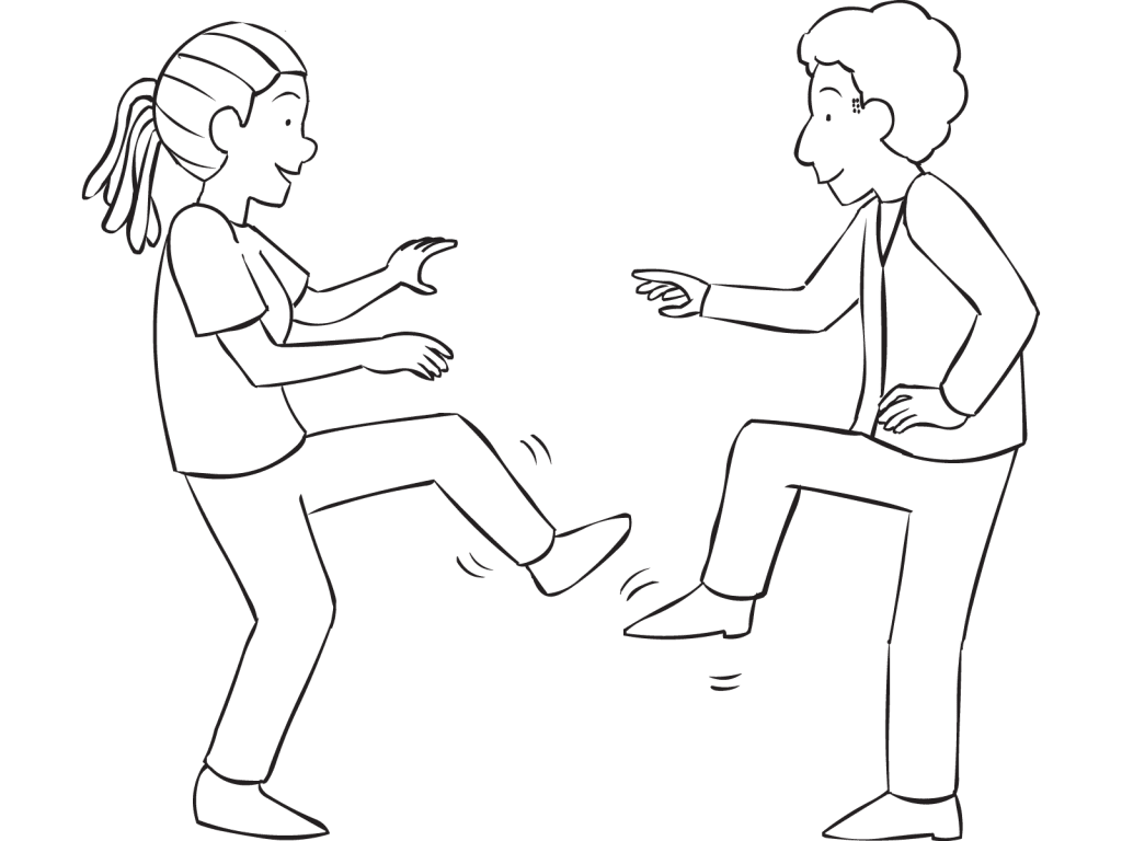 Two people playing fun partner stretch Stationary Foot Tag using one foot in air to tag partner's foot