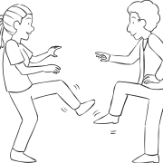 Two people playing fun partner stretch Stationary Foot Tag using one foot in air to tag partner's foot