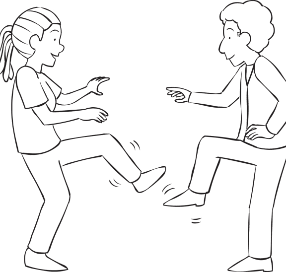 Two people playing fun partner stretch Stationary Foot Tag using one foot in air to tag partner's foot