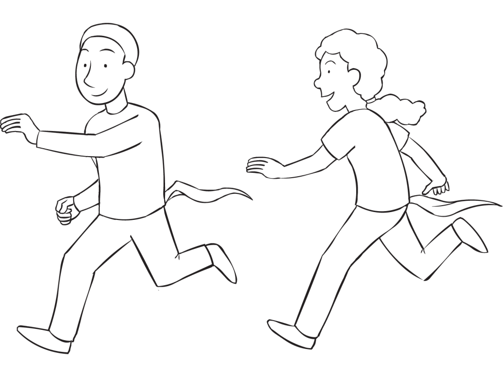 Woman chasing man trying to grab his fabric tail, as seen in no-touch tag game called Tail Tag