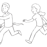 Woman chasing man trying to grab his fabric tail, as seen in no-touch tag game called Tail Tag