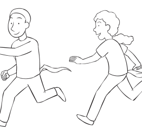 Woman chasing man trying to grab his fabric tail, as seen in fun tag and PE game called Tail Tag