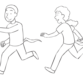 Woman chasing man trying to grab his fabric tail, as seen in no-touch tag game called Tail Tag