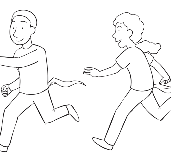 Woman chasing man trying to grab his fabric tail, as seen in no-touch tag game called Tail Tag