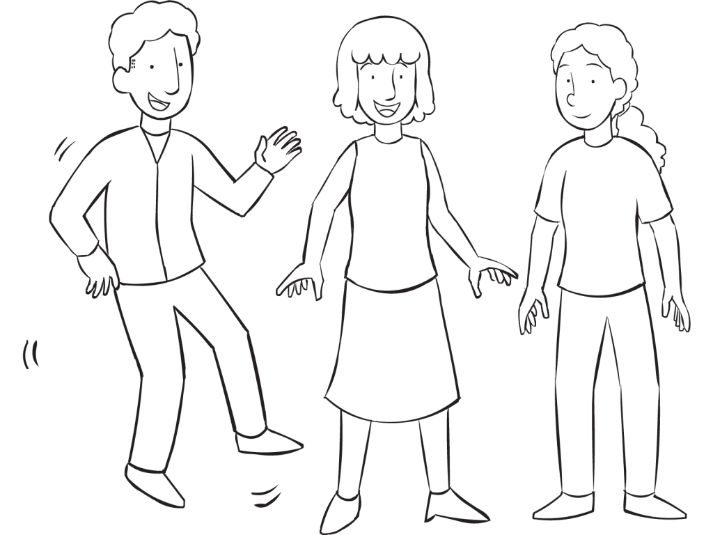 Three people with big smiles playing Super Smile funny circle game