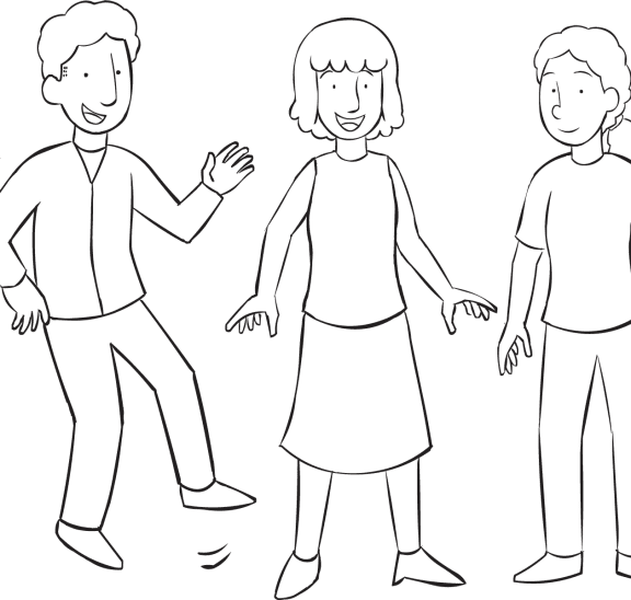 Three people with big smiles playing Super Smile funny circle game