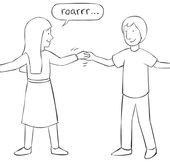 Two people holding hands playing fun circle energiser game called Dinosaur Game