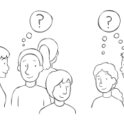 Group of people with thinking bubbles, involved in fun secret person selection exercise to appoint a secret person