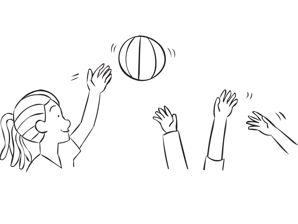 Woman hitting beach ball in air above other hands, as featured in energetic team challenge Moonball