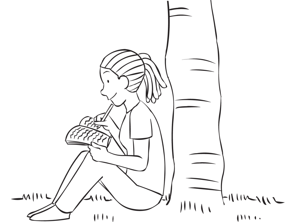 Woman sitting at base of tree writing notes as part of Journalling reflective debriefing technique