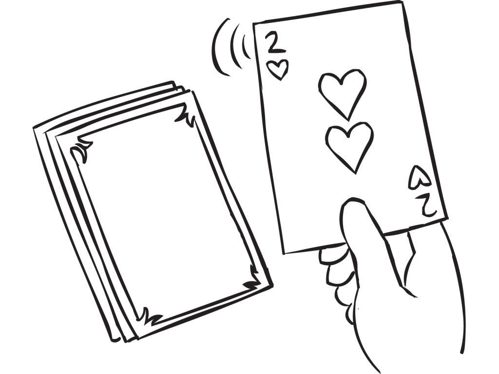 Two of hearts is pulled from a deck of cards, as could be seen in Prediction, one of many fun team-building problem-solving activities